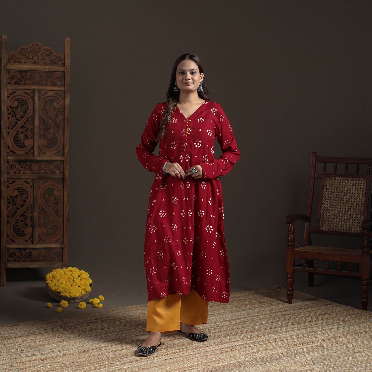 Bandhani Tie-Dye Cotton A-Line Long Kurta for Women 04