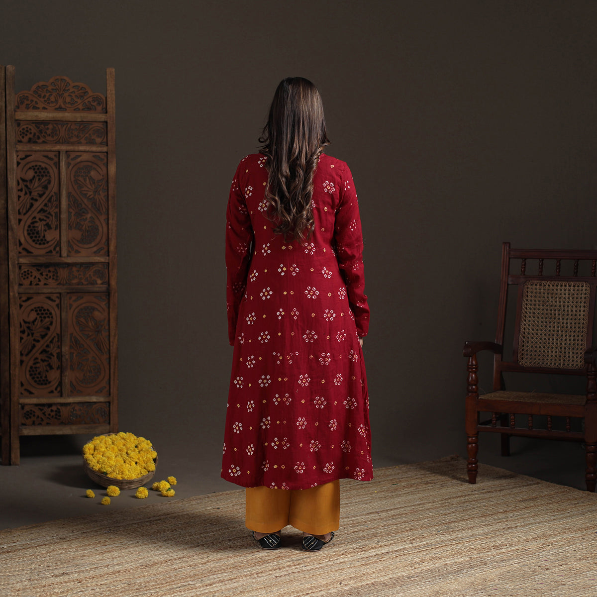 Bandhani Tie-Dye Cotton A-Line Long Kurta for Women 04