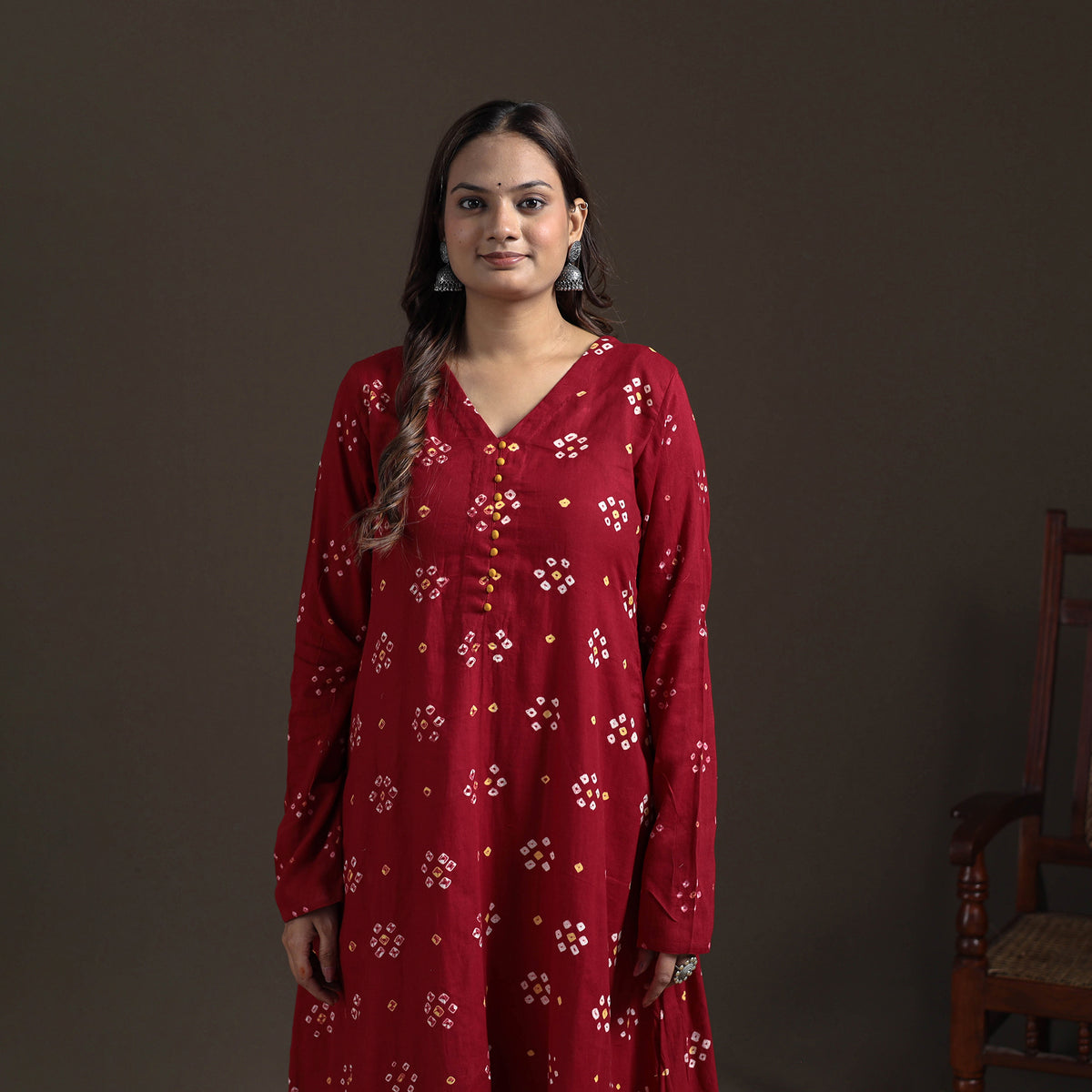 Bandhani Tie-Dye Cotton A-Line Long Kurta for Women 04
