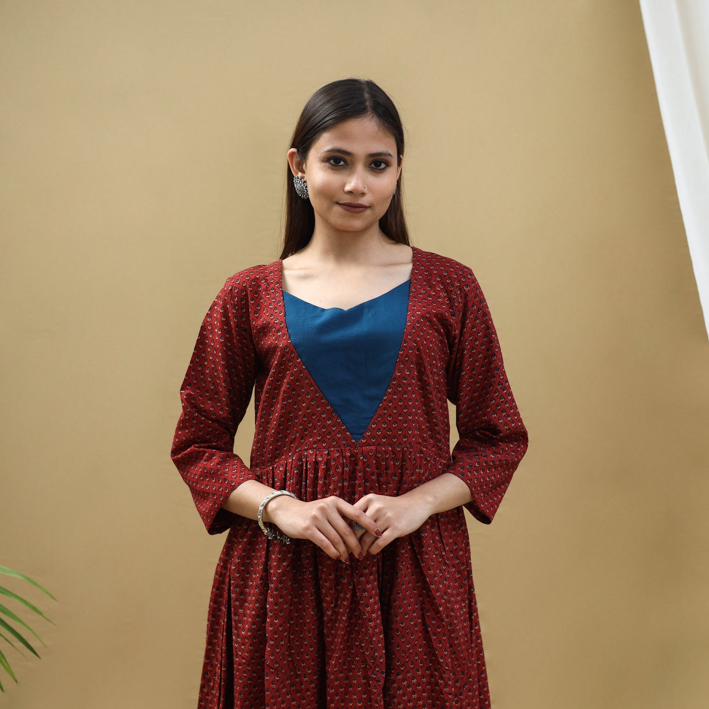 Red - Block Print Cotton Flared Ajrakh Dress 08