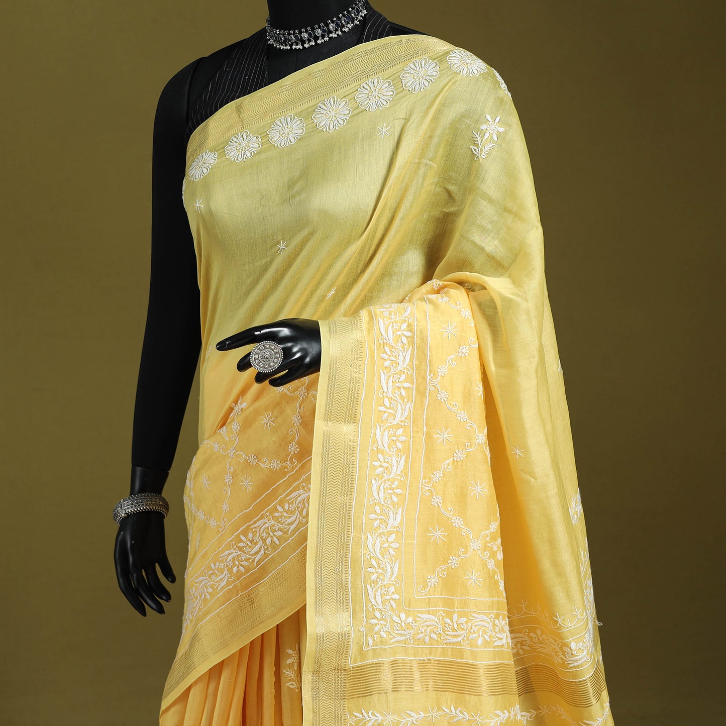 Yellow - hand embroidered chanderi silk zari border