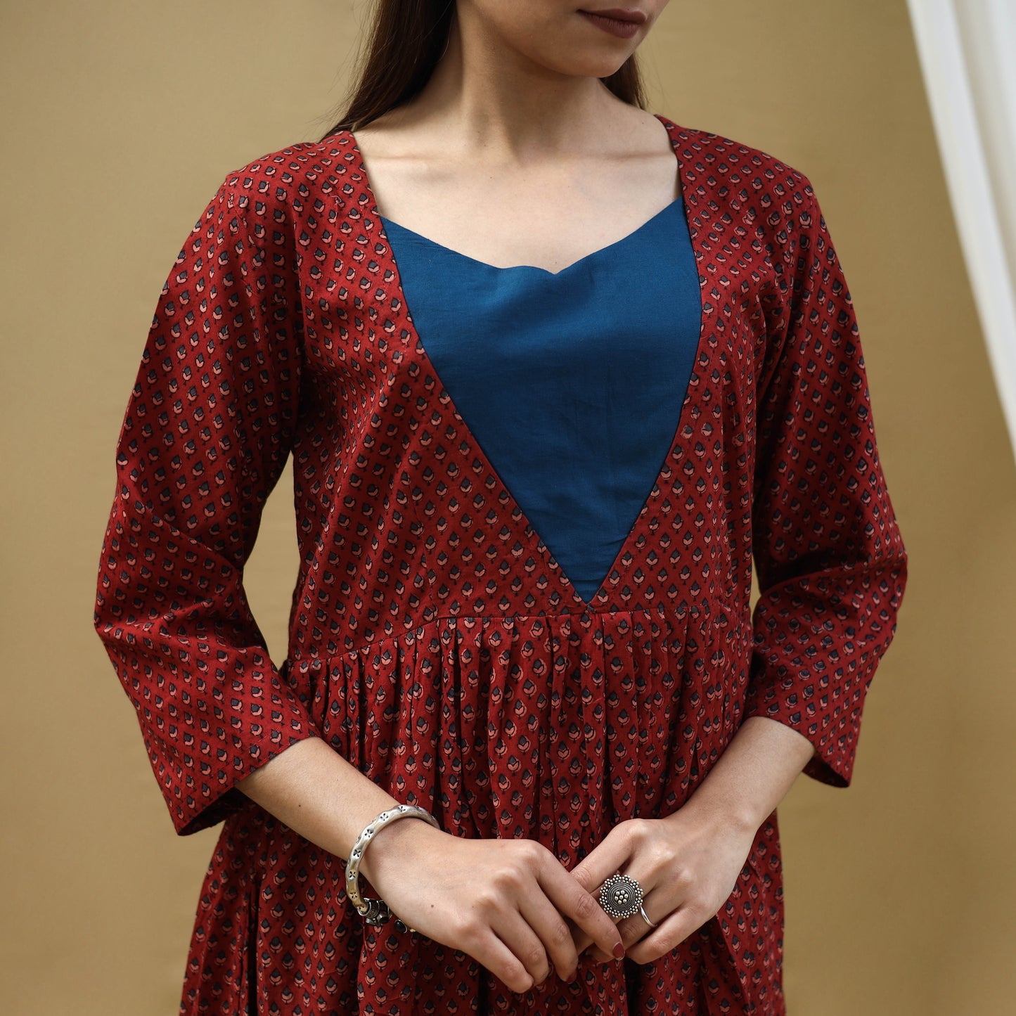 Red - Block Print Cotton Flared Ajrakh Dress 08