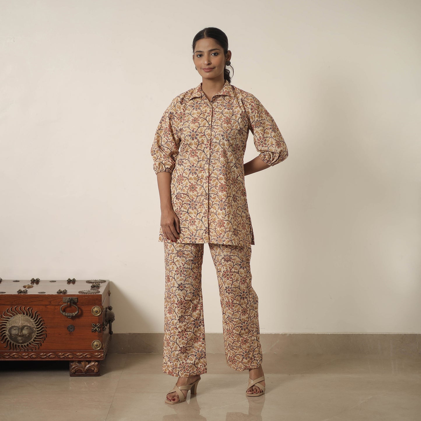 Beige - Block Printed Cotton Kalamkari Co-ord Set 06