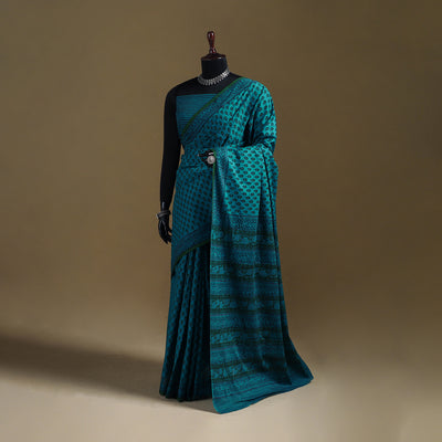 Green - Gamthi Hand Block Print Pure Mul Cotton Saree with Blouse Piece 33