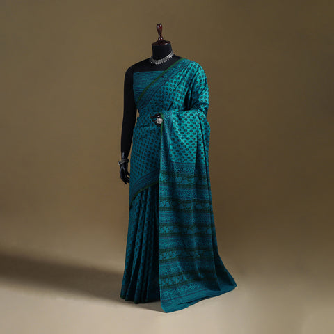 Green - Gamthi Hand Block Print Pure Mul Cotton Saree with Blouse Piece 33
