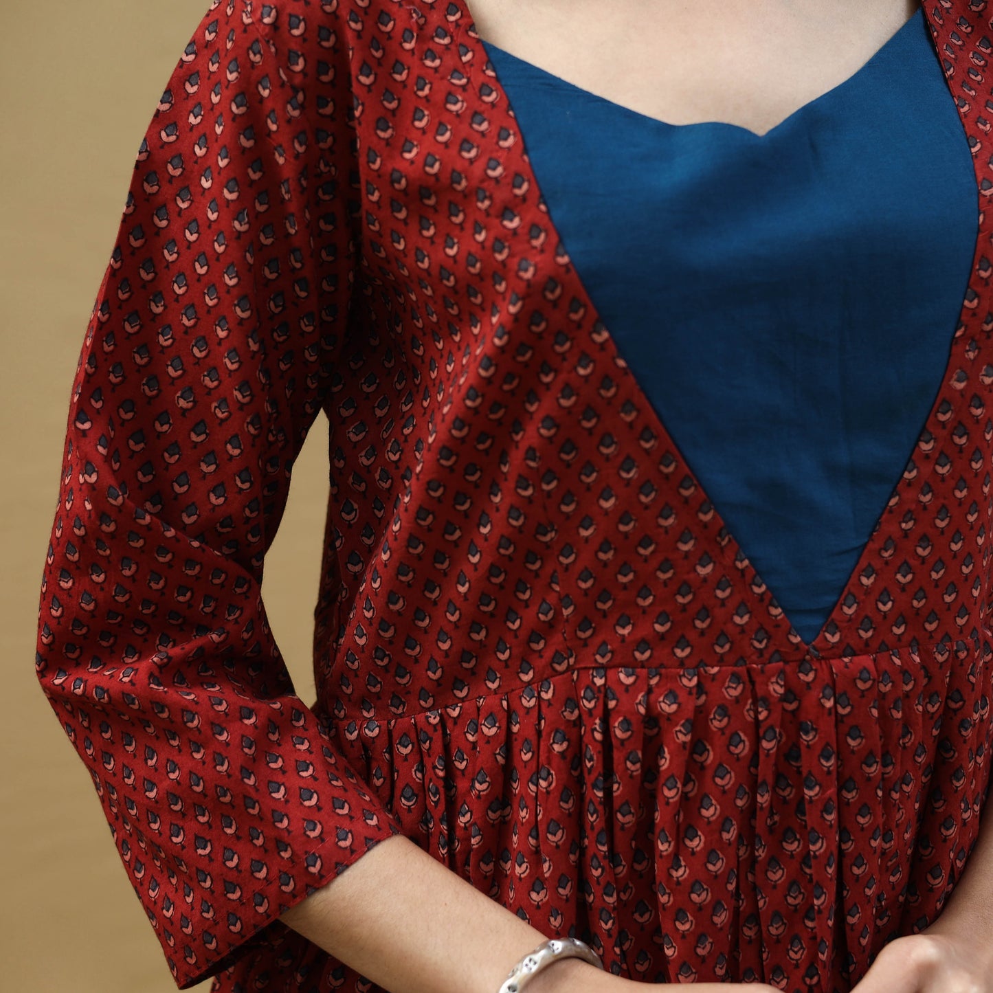 Red - Block Print Cotton Flared Ajrakh Dress 08