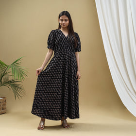 Buy Block Print Cotton Black Flared Ajrakh Dress