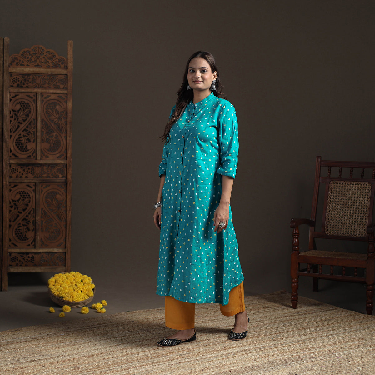 Bandhani Tie-Dye Cotton A-Line Long Kurta for Women 24