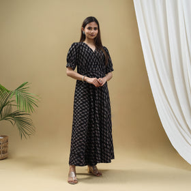 Buy Block Print Cotton Black Flared Ajrakh Dress