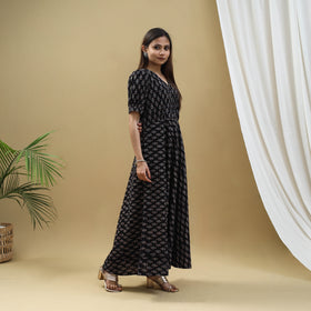Buy Block Print Cotton Black Flared Ajrakh Dress