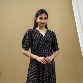 Buy Block Print Cotton Black Flared Ajrakh Dress