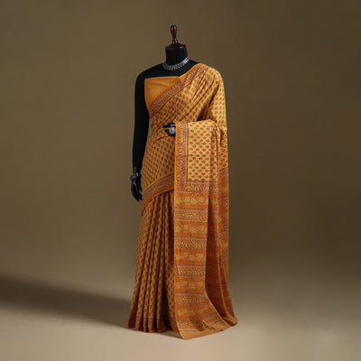 Yellow - Gamthi Hand Block Print Pure Mul Cotton Saree with Blouse Piece 34