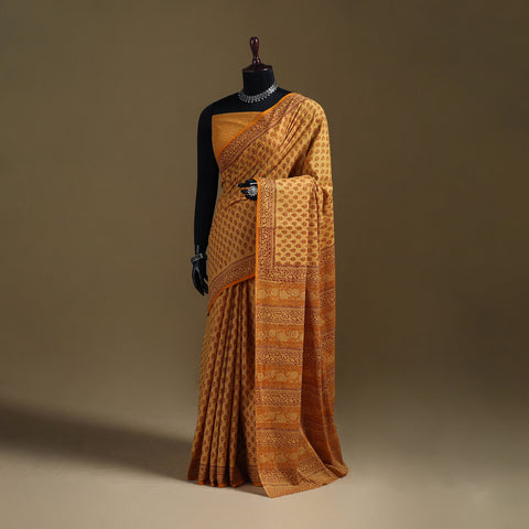 Yellow - Gamthi Hand Block Print Pure Mul Cotton Saree with Blouse Piece 34