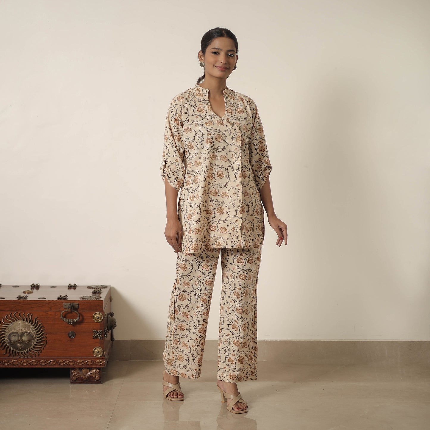 Beige - Block Printed Cotton Kalamkari Co-ord Set 10