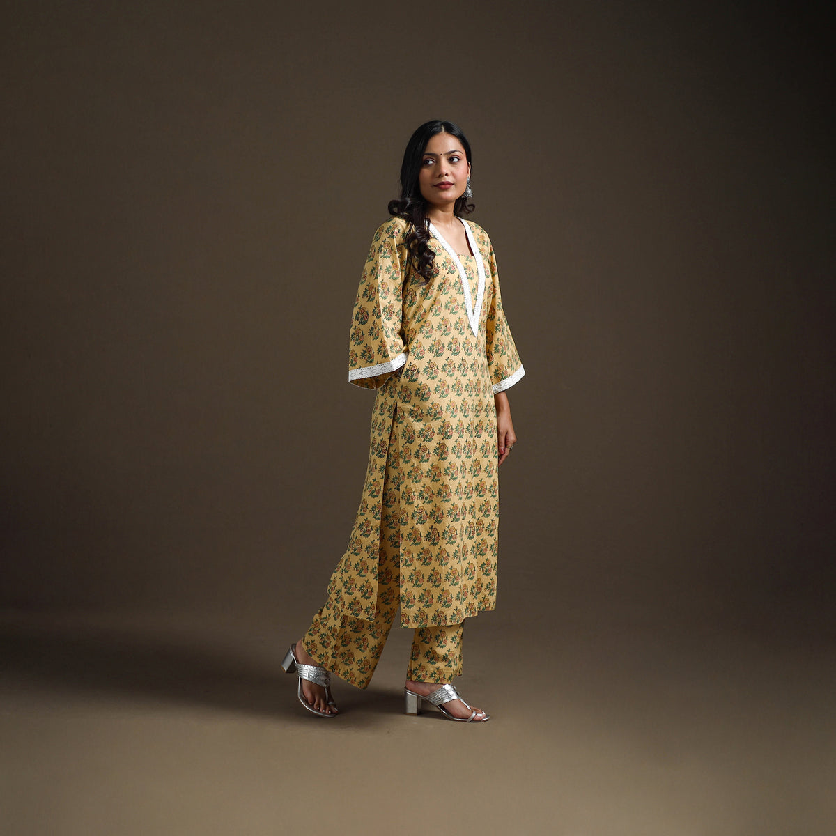 Yellow - floral sanganeri print cotton lace work straight
