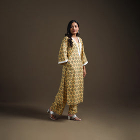 Yellow - floral sanganeri print cotton lace work straight