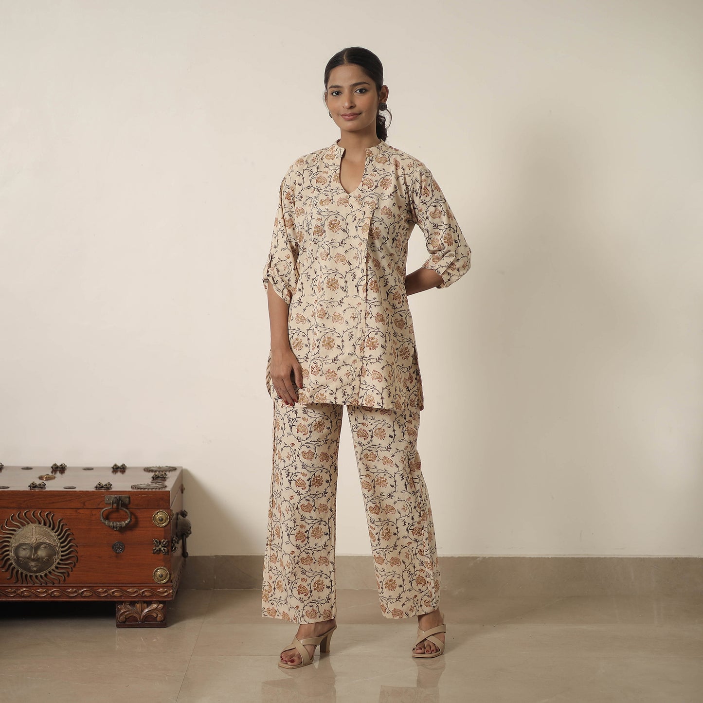 Beige - Block Printed Cotton Kalamkari Co-ord Set 10