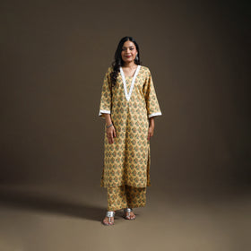 Yellow - floral sanganeri print cotton lace work straight