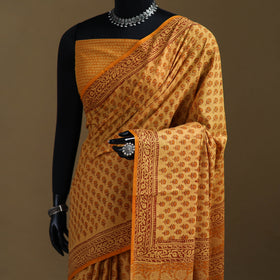 Yellow - Gamthi Hand Block Print Pure Mul Cotton Saree with Blouse Piece 34