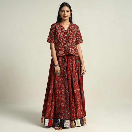 Red - Ajrakh Block Printed 24 Kali Patchwork Cotton Long Skirt 08