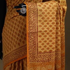 Yellow - Gamthi Hand Block Print Pure Mul Cotton Saree with Blouse Piece 34