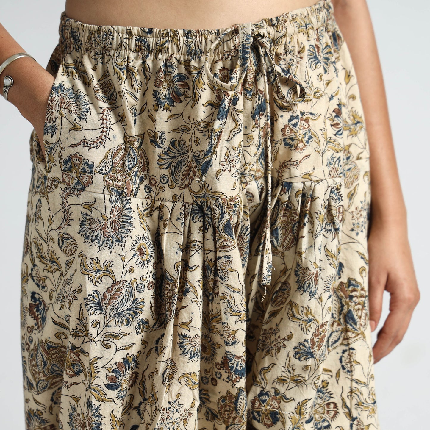 Beige - Pedana Kalamkari Block Printed Cotton Elasticated Salwar 27