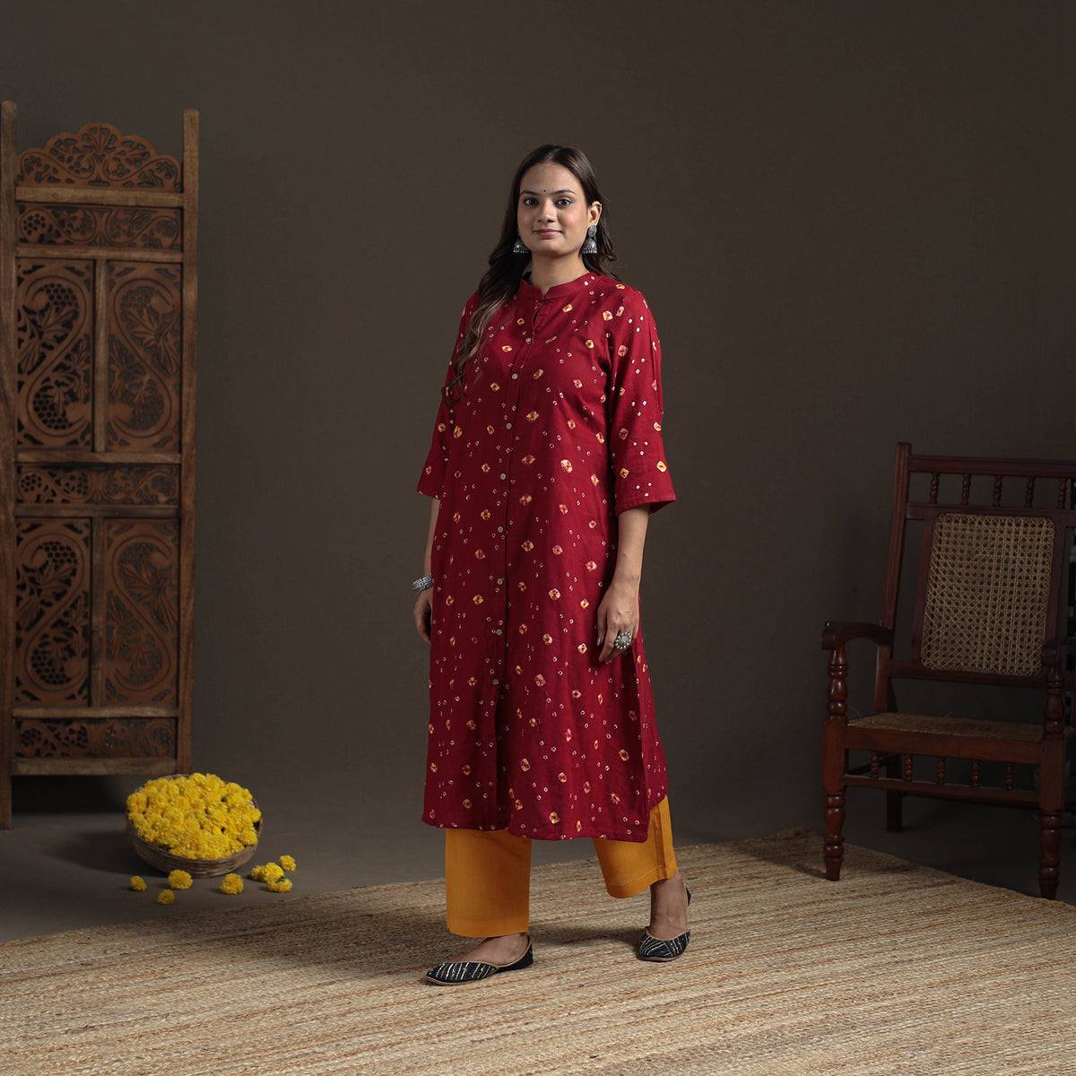 Bandhani Tie-Dye Cotton A-Line Long Kurta for Women 23