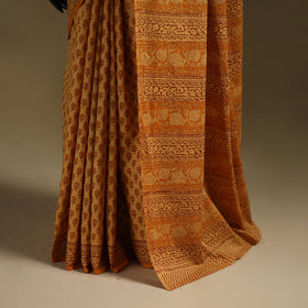 Yellow - Gamthi Hand Block Print Pure Mul Cotton Saree with Blouse Piece 34