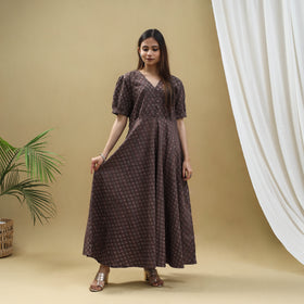 Buy Brown Block Print Cotton Flared Ajrakh Dress