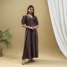 Buy Brown Block Print Cotton Flared Ajrakh Dress