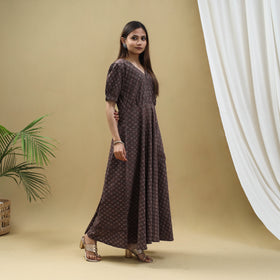 Buy Brown Block Print Cotton Flared Ajrakh Dress