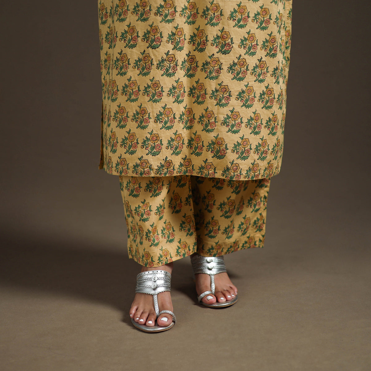 Yellow - floral sanganeri print cotton lace work straight