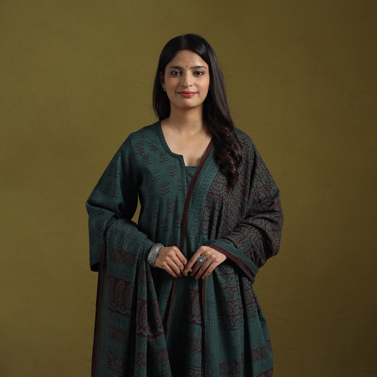 Natural Dyed Hand Block Bagh Print Cotton Suit Set with Dupatta for Women 02