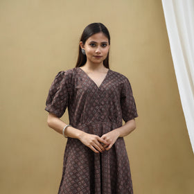 Buy Brown Block Print Cotton Flared Ajrakh Dress