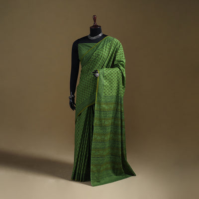 Green - Gamthi Hand Block Print Pure Mul Cotton Saree with Blouse Piece 35