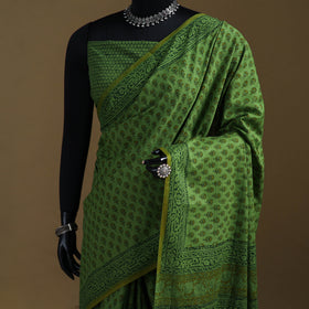 Green - Gamthi Hand Block Print Pure Mul Cotton Saree with Blouse Piece 35