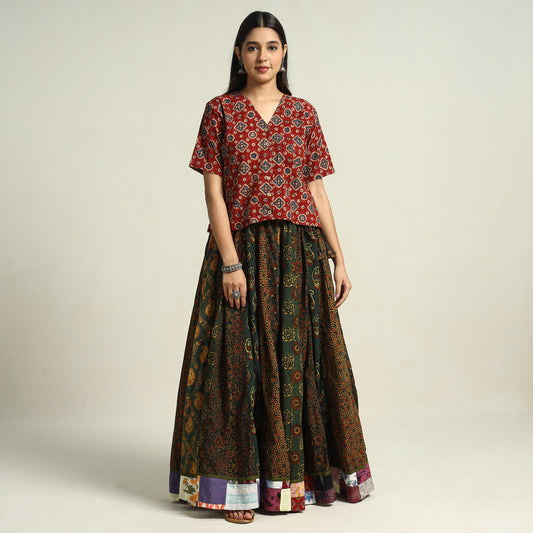 Green - Ajrakh Block Printed 24 Kali Patchwork Cotton Long Skirt 09