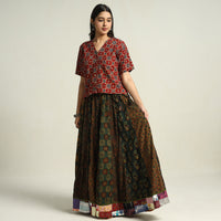 Green - Ajrakh Block Printed 24 Kali Patchwork Cotton Long Skirt 09