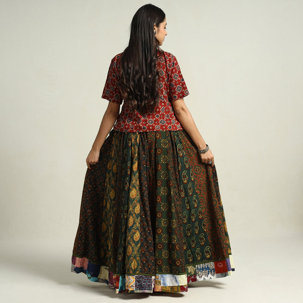 Green - Ajrakh Block Printed 24 Kali Patchwork Cotton Long Skirt 09