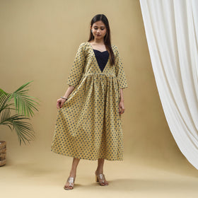 Buy Block Print Cotton Yellow Flared Ajrakh Dress