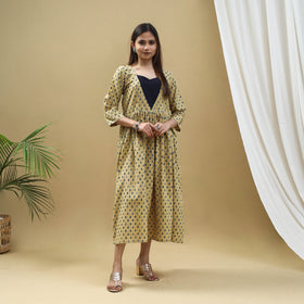 Buy Block Print Cotton Yellow Flared Ajrakh Dress