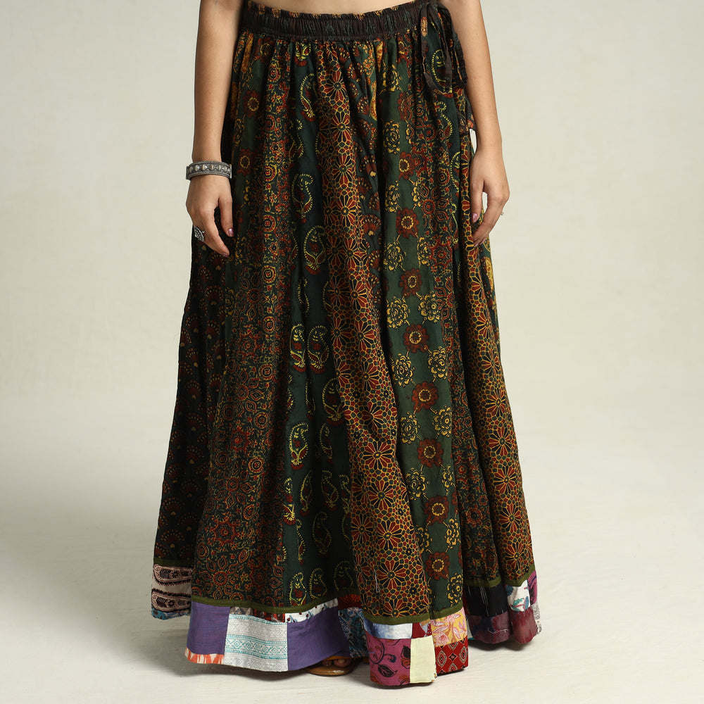 Green - Ajrakh Block Printed 24 Kali Patchwork Cotton Long Skirt 09