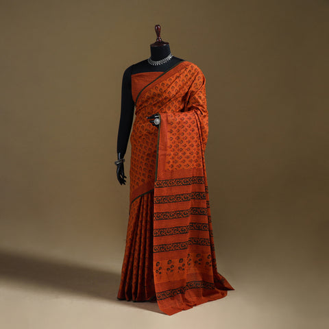 Orange - Gamthi Hand Block Print Pure Mul Cotton Saree with Blouse Piece 36
