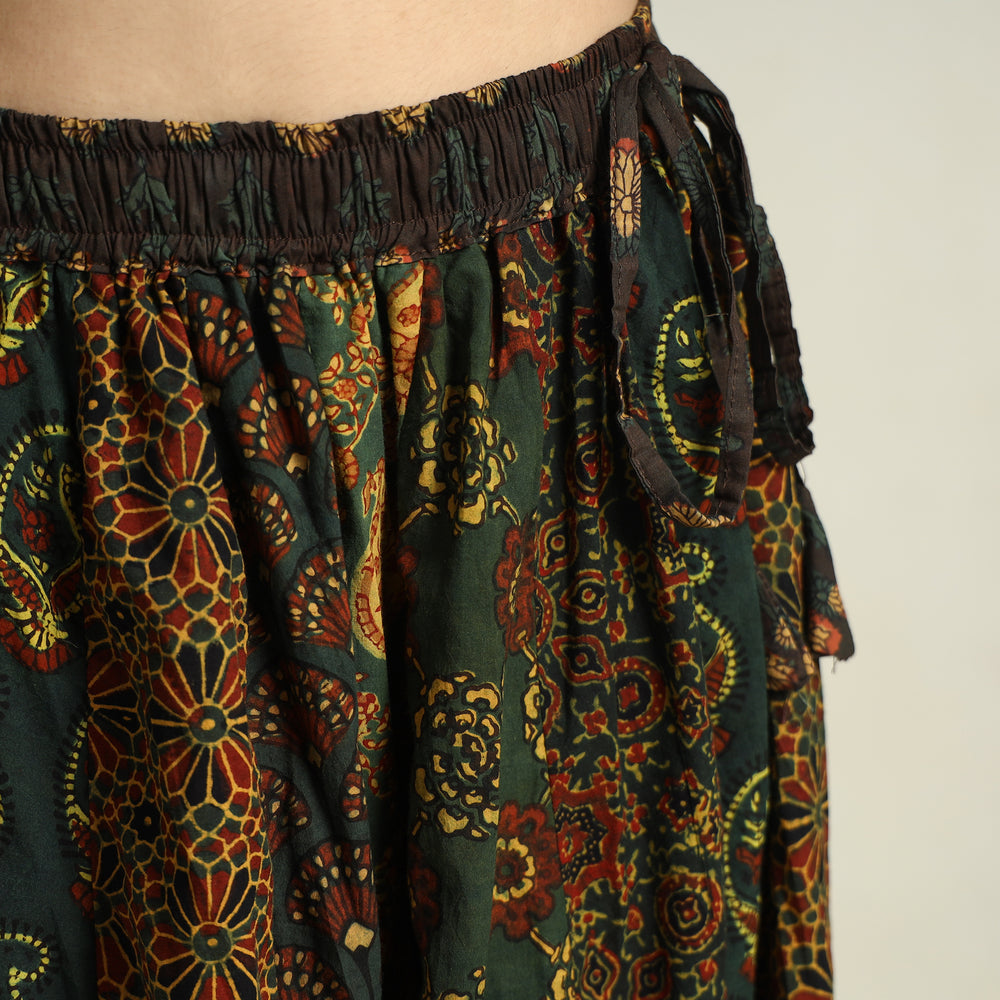 Green - Ajrakh Block Printed 24 Kali Patchwork Cotton Long Skirt 09