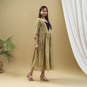 Buy Block Print Cotton Yellow Flared Ajrakh Dress
