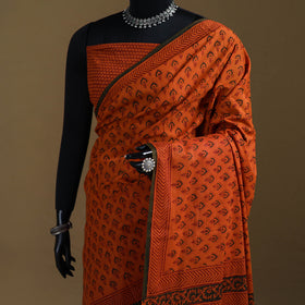 Orange - Gamthi Hand Block Print Pure Mul Cotton Saree with Blouse Piece 36