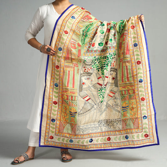 Beige - Ranihati Chanderi Silk Chapa Work Phulkari Embroidery Printed Dupatta