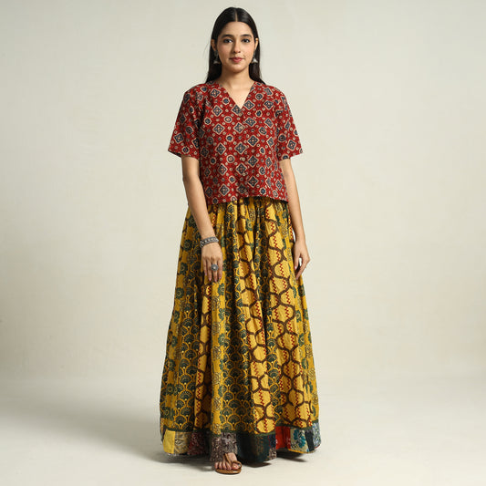 Yellow - Ajrakh Block Printed 24 Kali Patchwork Cotton Long Skirt 10