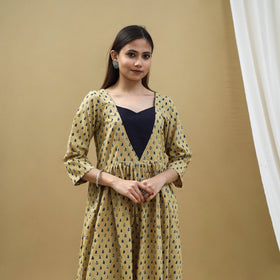 Buy Block Print Cotton Yellow Flared Ajrakh Dress