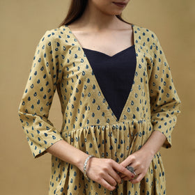 Buy Block Print Cotton Yellow Flared Ajrakh Dress